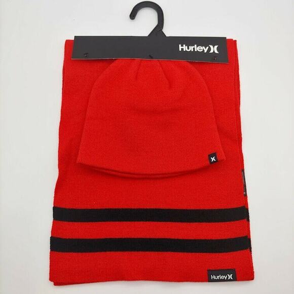 Hurley Other - NEW Hurley Men's New Yorker Beanie & Scarf 2 Piece Set Red White Stripe OS